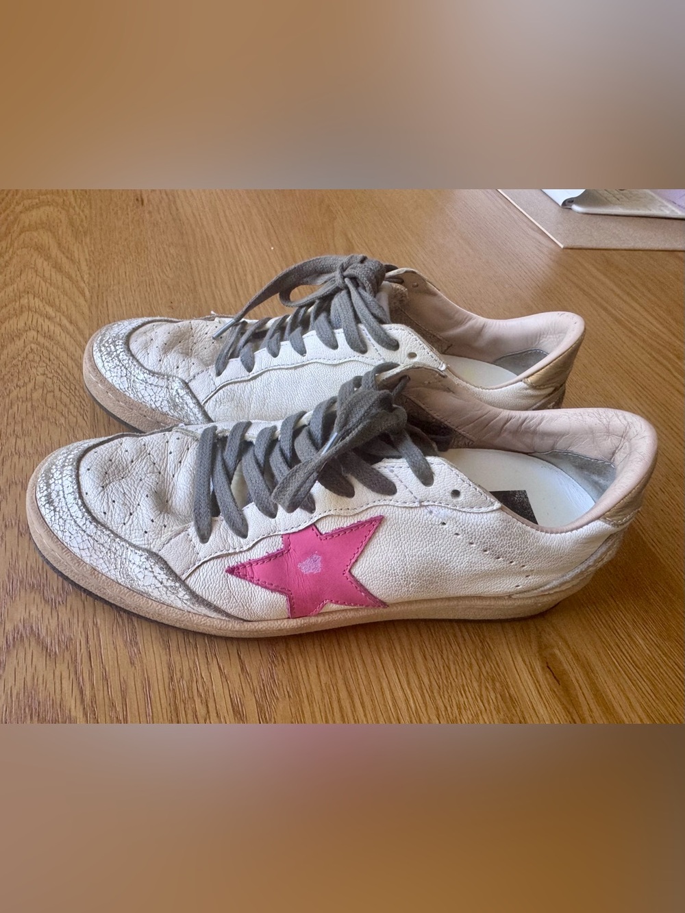 Golden Goose Ball Star White Leather Distressed Sneakers with Pink Star Accent
